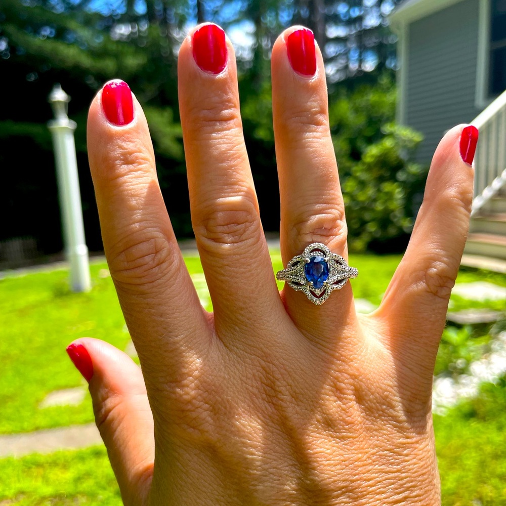 Blue kyanite and white zircon ring